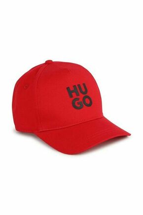 Otroška bombažna bejzbolska kapa HUGO rdeča barva - rdeča. Otroški kapa s šiltom vrste baseball iz kolekcije HUGO. Model izdelan iz enobarvne tkanine z vstavki.