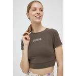 Kratka majica Guess ženski, rjava barva - rjava. Kratka majica iz kolekcije Guess. Model izdelan iz pletenine s potiskom.