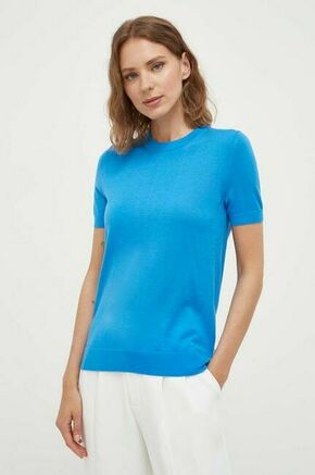 Volnen pulover BOSS ženski - modra. Pulover iz kolekcije BOSS. Model izdelan iz enobarvne pletenine. Deviška volna je lažja od klasične volne. Odlikujejo jo izjemna mehkoba