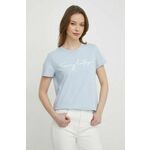 Bombažna kratka majica Tommy Hilfiger ženski - modra. Kratka majica iz kolekcije Tommy Hilfiger, izdelana iz pletenine s potiskom. Model iz izjemno udobne bombažne tkanine.