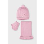 Otroški komplet Mayoral roza barva - roza. Otroški kapa, šal in rokavice iz kolekcije Mayoral. Model izdelan iz pletenine z nalepko.