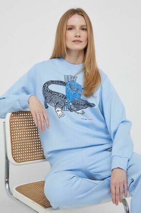 Bombažen pulover Lacoste x Netflix ženski - modra. Pulover iz kolekcije Lacoste