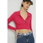 Pulover Tommy Jeans ženska, roza barva - roza. Pulover iz kolekcije Tommy Jeans. Model z V izrezom, izdelan iz tanke, elastične pletenine.