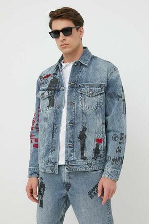Jeans jakna Guess x Banksy moška - modra. Jakna iz kolekcije Guess. Prehoden model