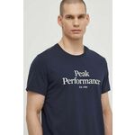 Bombažna kratka majica Peak Performance moški, mornarsko modra barva - mornarsko modra. Kratka majica iz kolekcije Peak Performance, izdelana iz pletenine s potiskom. Model iz zračne bombažne tkanine.