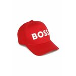 Otroška bombažna bejzbolska kapa BOSS rdeča barva - rdeča. Otroški kapa s šiltom vrste baseball iz kolekcije BOSS. Model izdelan iz tkanine s potiskom. Bombažen, udoben material.