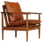 vidaXL Fotelj iz pravega usnja in akacijevega lesa rjave barve