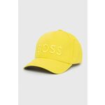 Bombažna bejzbolska kapa BOSS rumena barva - rumena. Kapa s šiltom vrste baseball iz kolekcije BOSS. Model izdelan iz materiala z nalepko.