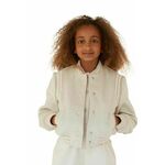 Otroška bomber jakna Guess bež barva - bež. Otroški Bomber jakna iz kolekcije Guess. Prehoden model, izdelan iz gladkega materiala. Model iz tkanine, ki je izjemno prijetna na otip.
